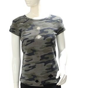 Derek Heart Camo Distressed T Shirt Small Olive Fitted Top